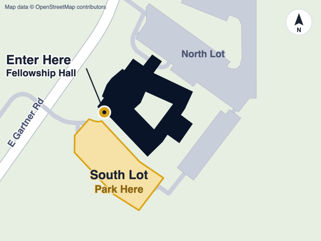 Map of Grace United Methodist Church: park in the south lot, beside the building and E Gartner Rd, and enter at the door marked on the west end of the building.