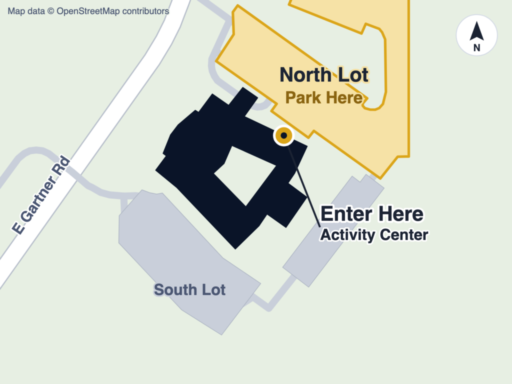 Map of Grace United Methodist Church: park in the north lot and enter at the Activity Center door marked on the side of the building facing that lot.