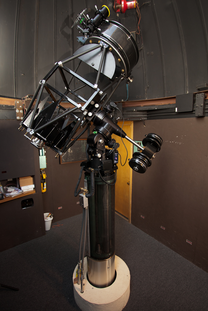 The 16-inch Newtonian telescope on its mount inside the Riley Observatory dome